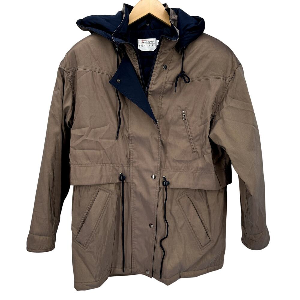 Talbots‎ Jacket Womens Petite Medium Mp Full Zip Snap Off Hood Tan Blue Vintage